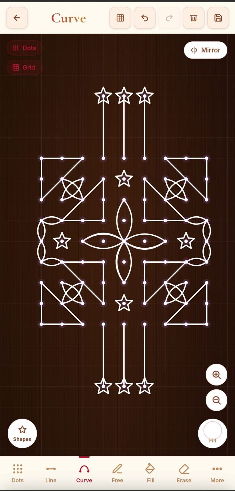 Dot Kolam app screenshot — grid setup screen