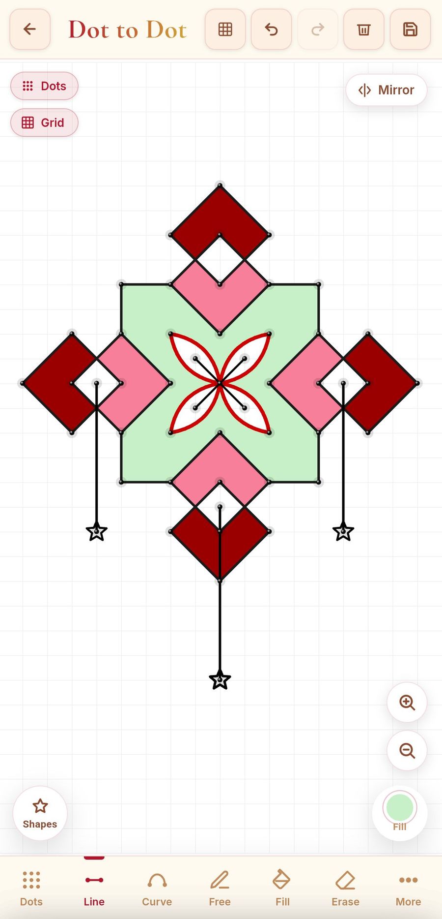 Dot Kolam app screenshot — curve tool kolam design